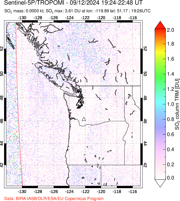 A sulfur dioxide image over Cascade Range, USA on Sep 12, 2024.