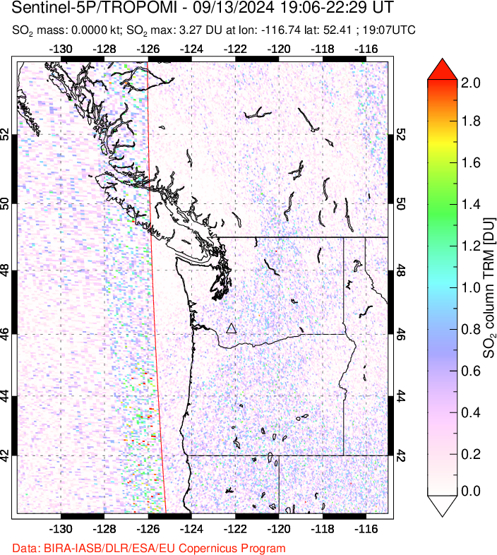 A sulfur dioxide image over Cascade Range, USA on Sep 13, 2024.