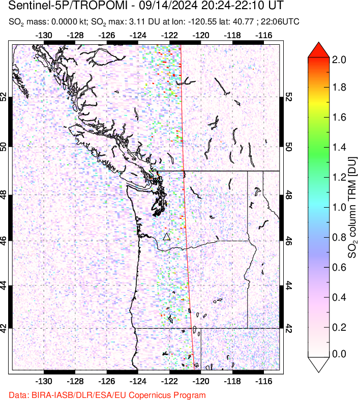 A sulfur dioxide image over Cascade Range, USA on Sep 14, 2024.