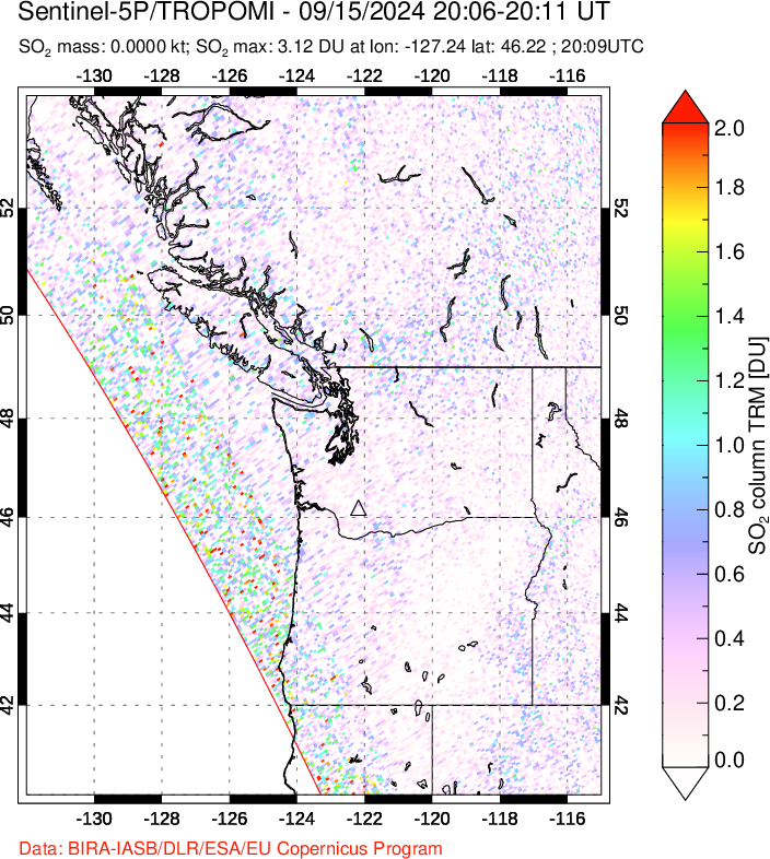 A sulfur dioxide image over Cascade Range, USA on Sep 15, 2024.