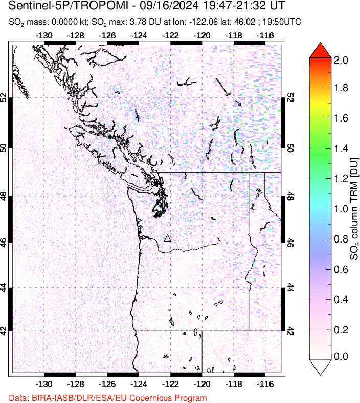 A sulfur dioxide image over Cascade Range, USA on Sep 16, 2024.