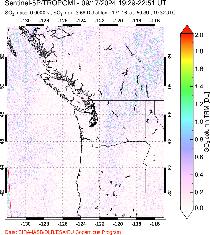 A sulfur dioxide image over Cascade Range, USA on Sep 17, 2024.