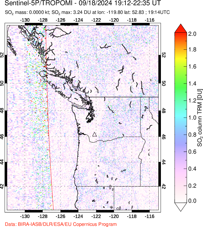 A sulfur dioxide image over Cascade Range, USA on Sep 18, 2024.