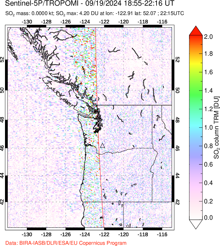 A sulfur dioxide image over Cascade Range, USA on Sep 19, 2024.