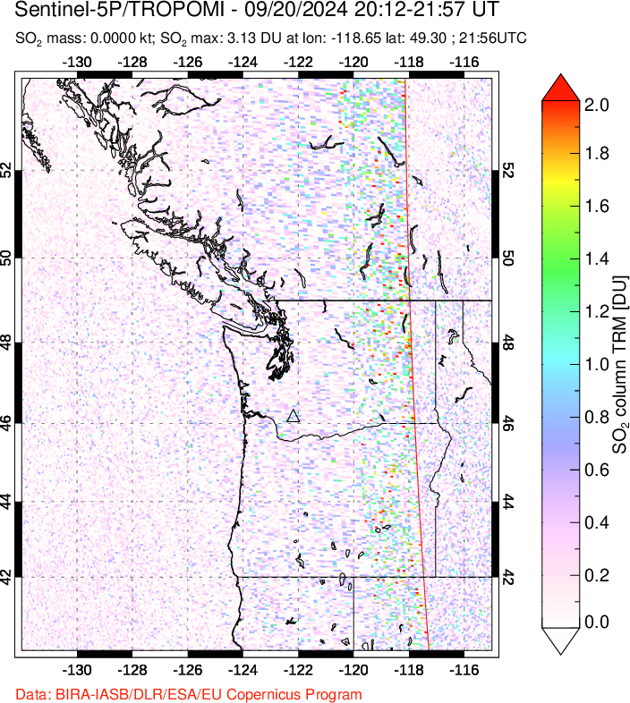 A sulfur dioxide image over Cascade Range, USA on Sep 20, 2024.