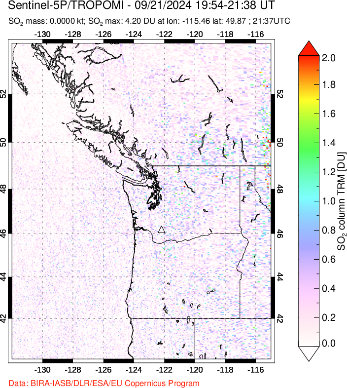 A sulfur dioxide image over Cascade Range, USA on Sep 21, 2024.