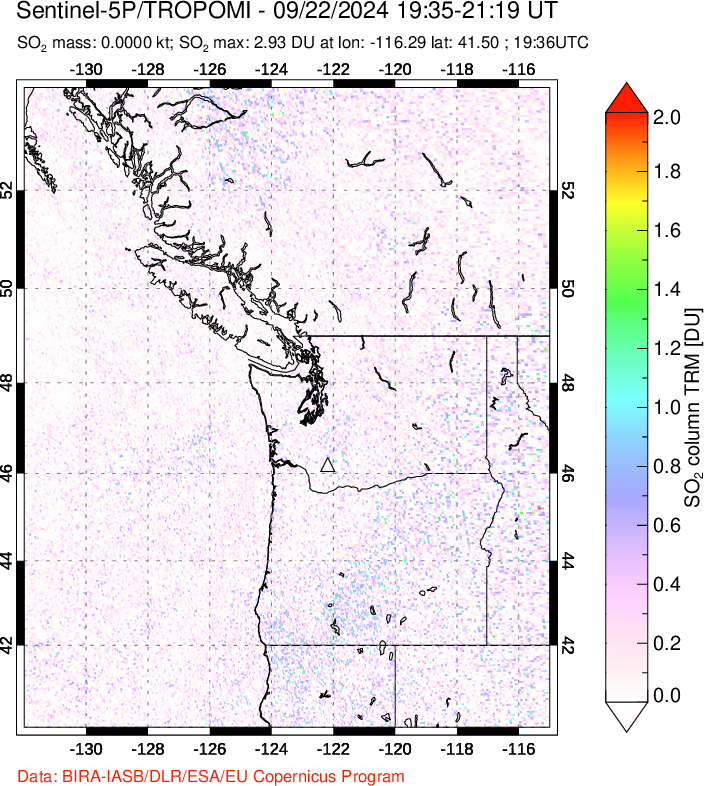 A sulfur dioxide image over Cascade Range, USA on Sep 22, 2024.