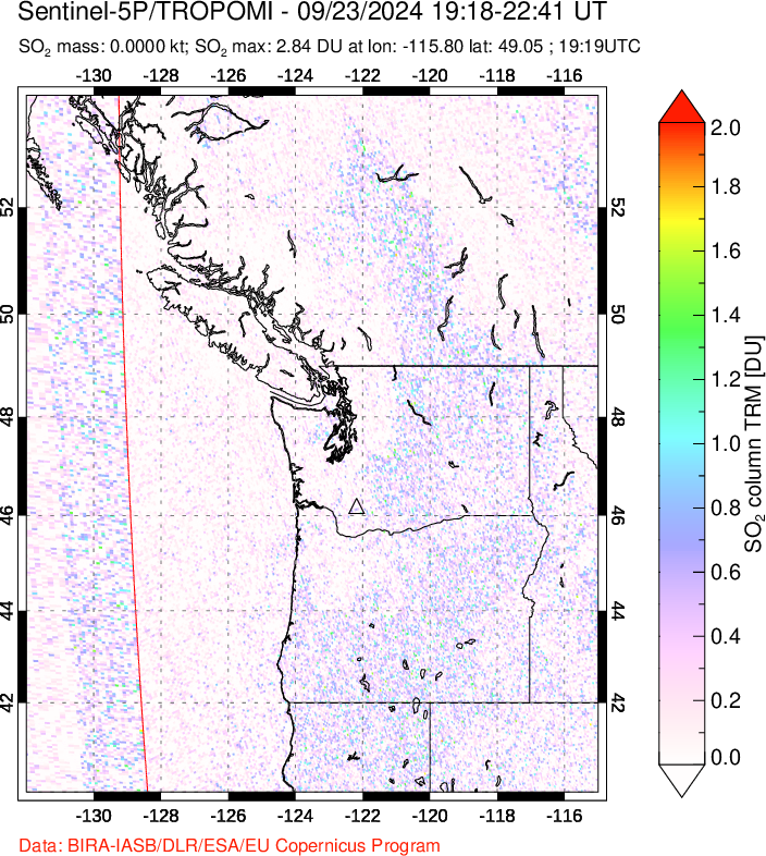 A sulfur dioxide image over Cascade Range, USA on Sep 23, 2024.