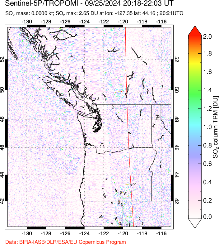 A sulfur dioxide image over Cascade Range, USA on Sep 25, 2024.