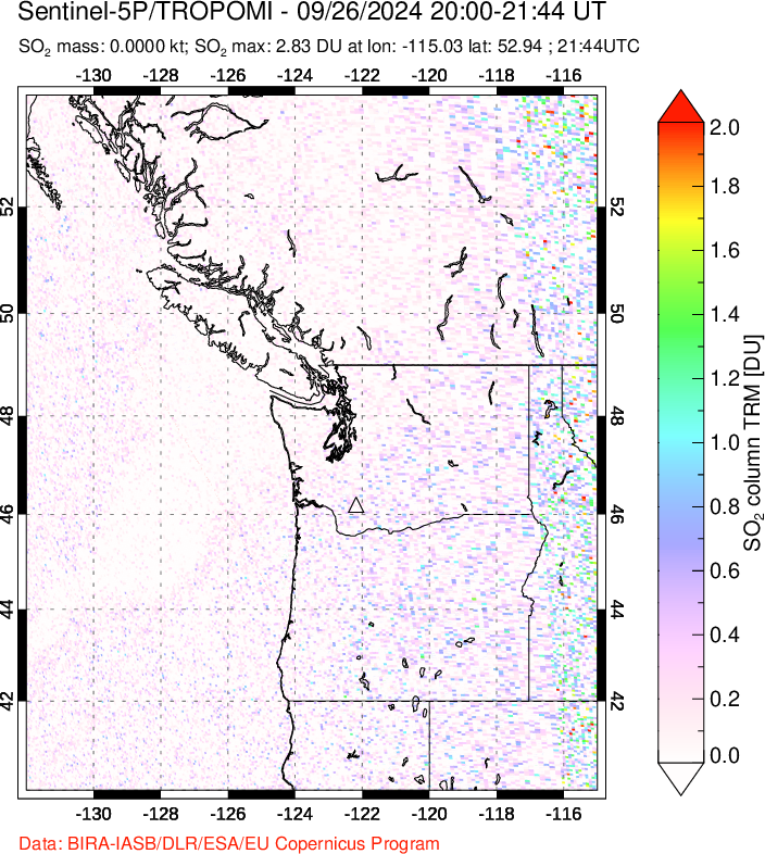 A sulfur dioxide image over Cascade Range, USA on Sep 26, 2024.