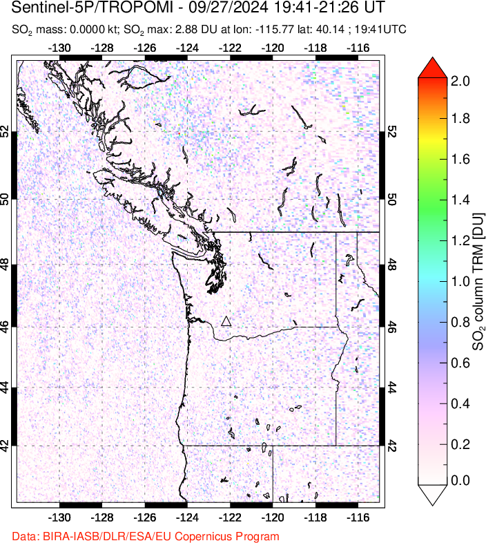 A sulfur dioxide image over Cascade Range, USA on Sep 27, 2024.