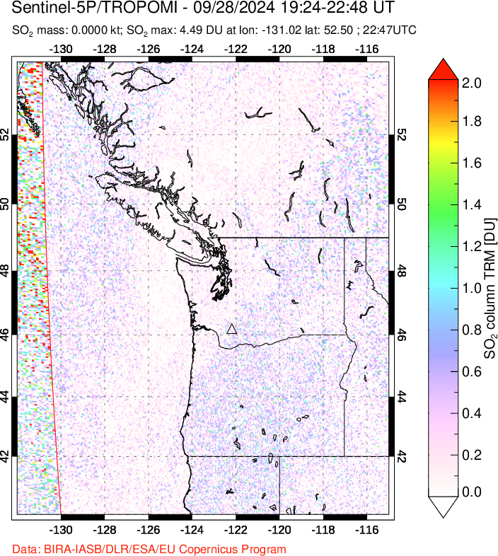 A sulfur dioxide image over Cascade Range, USA on Sep 28, 2024.