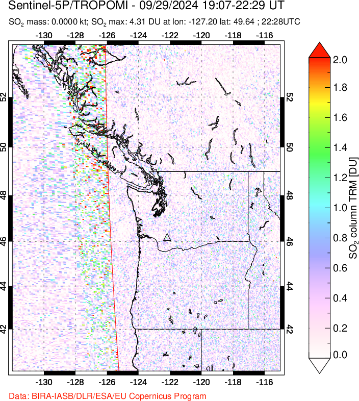 A sulfur dioxide image over Cascade Range, USA on Sep 29, 2024.