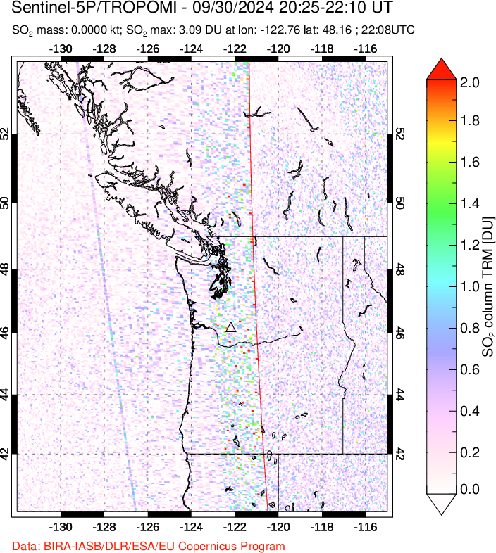 A sulfur dioxide image over Cascade Range, USA on Sep 30, 2024.