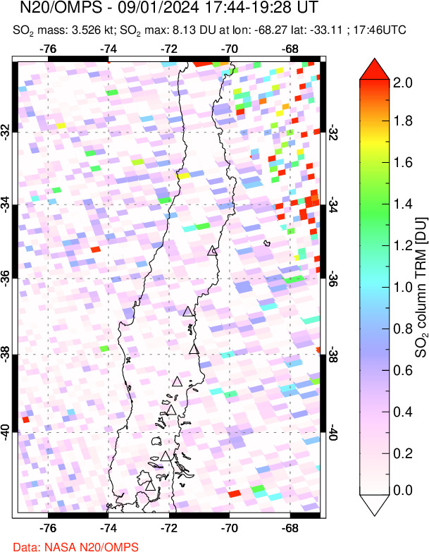 A sulfur dioxide image over Central Chile on Sep 01, 2024.