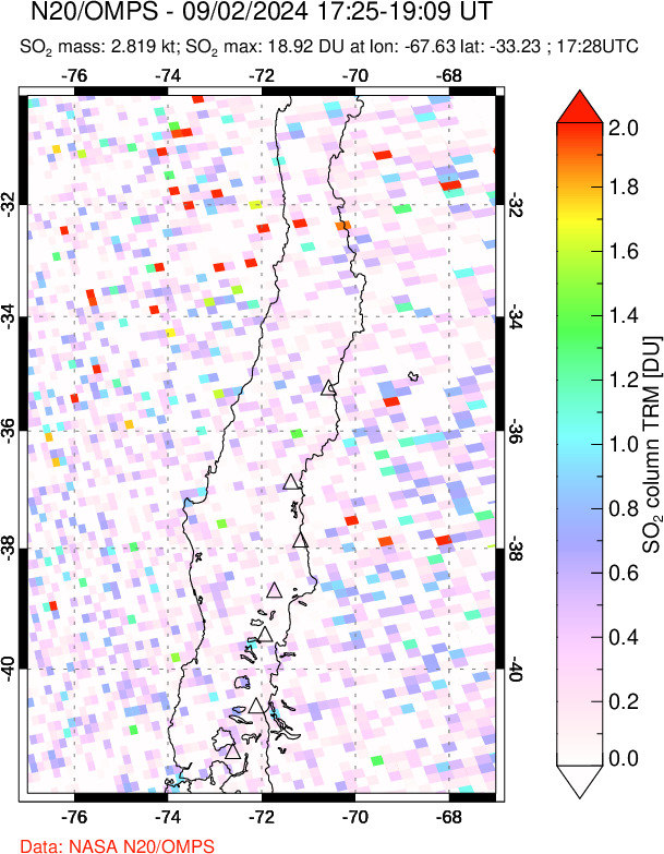 A sulfur dioxide image over Central Chile on Sep 02, 2024.