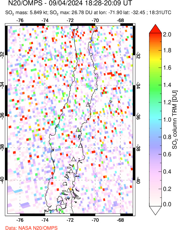 A sulfur dioxide image over Central Chile on Sep 04, 2024.