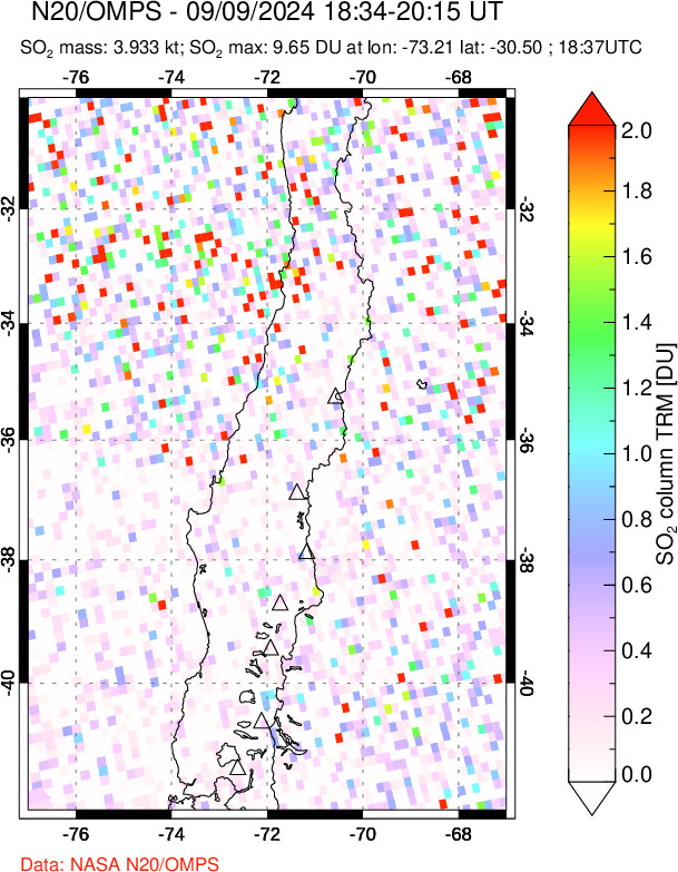 A sulfur dioxide image over Central Chile on Sep 09, 2024.