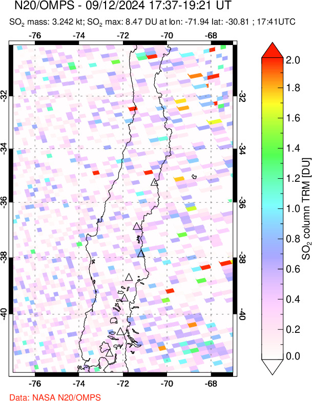 A sulfur dioxide image over Central Chile on Sep 12, 2024.