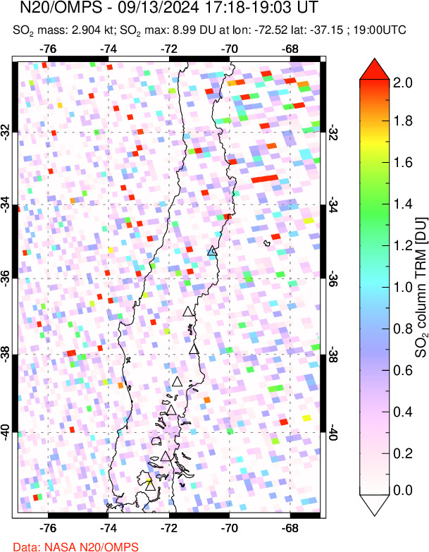 A sulfur dioxide image over Central Chile on Sep 13, 2024.