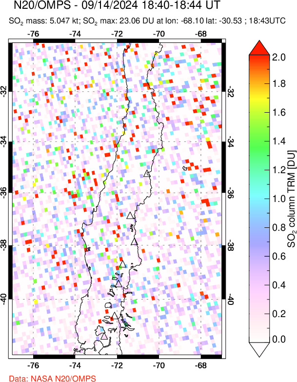 A sulfur dioxide image over Central Chile on Sep 14, 2024.