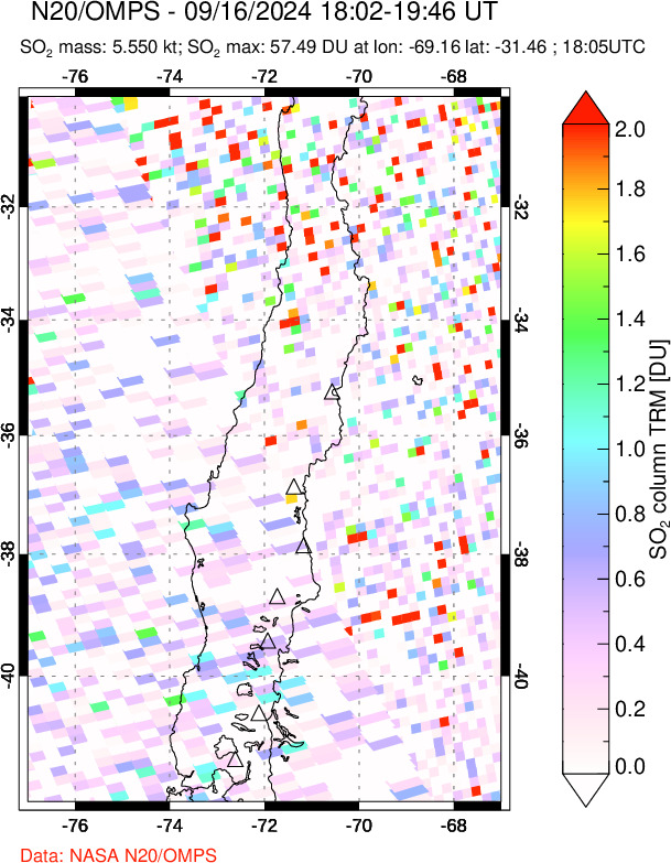 A sulfur dioxide image over Central Chile on Sep 16, 2024.