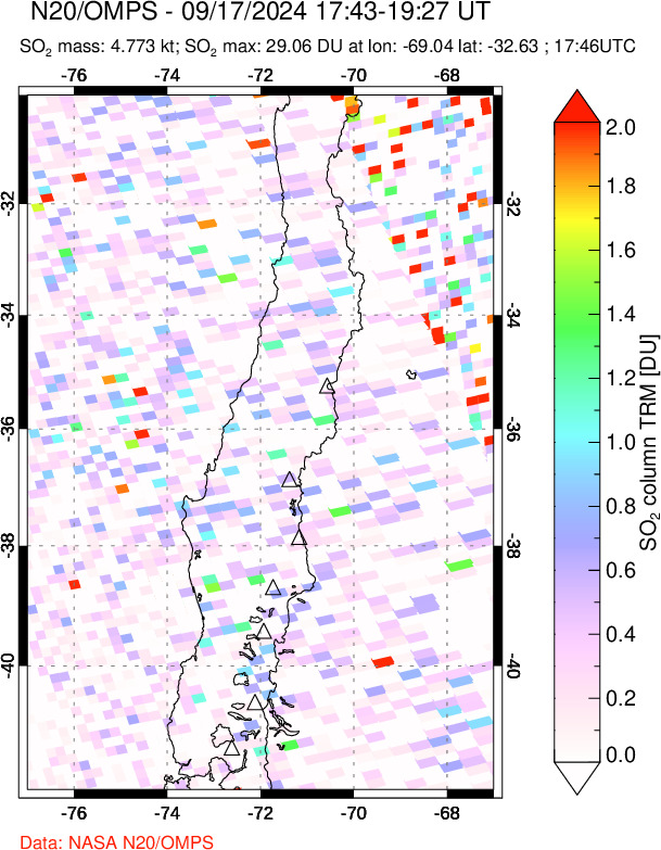 A sulfur dioxide image over Central Chile on Sep 17, 2024.