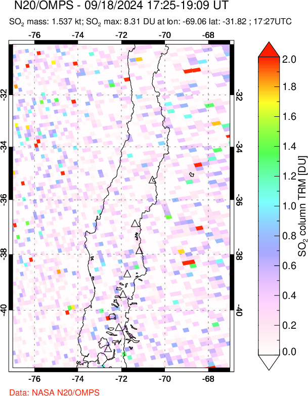 A sulfur dioxide image over Central Chile on Sep 18, 2024.