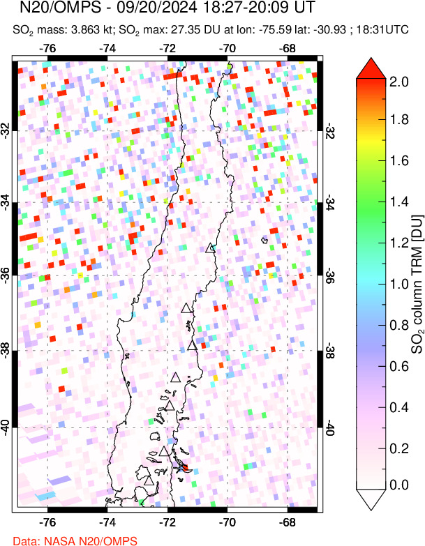 A sulfur dioxide image over Central Chile on Sep 20, 2024.