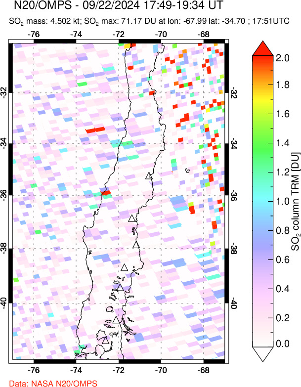 A sulfur dioxide image over Central Chile on Sep 22, 2024.