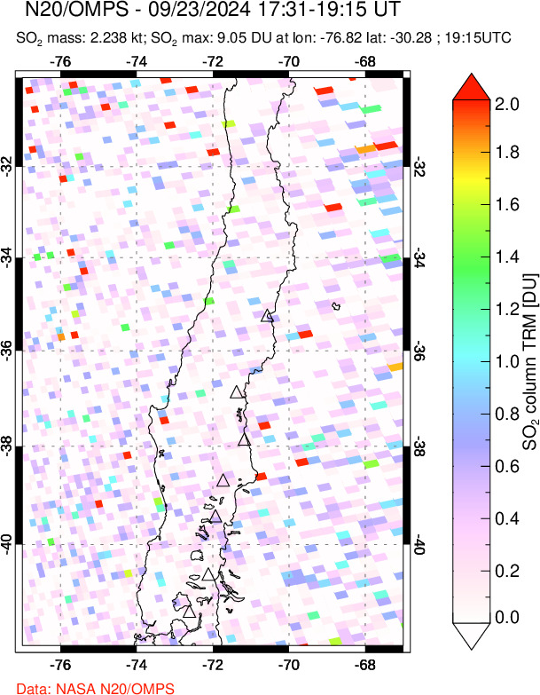 A sulfur dioxide image over Central Chile on Sep 23, 2024.