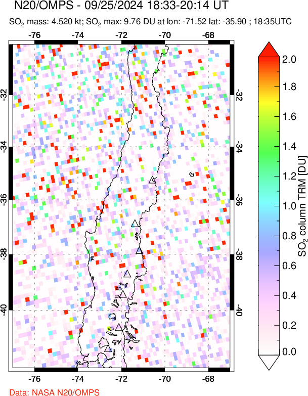 A sulfur dioxide image over Central Chile on Sep 25, 2024.