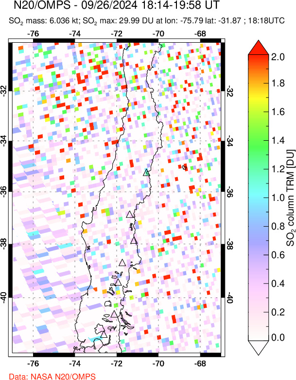 A sulfur dioxide image over Central Chile on Sep 26, 2024.