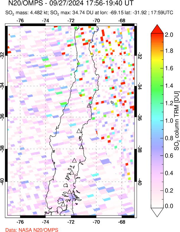 A sulfur dioxide image over Central Chile on Sep 27, 2024.