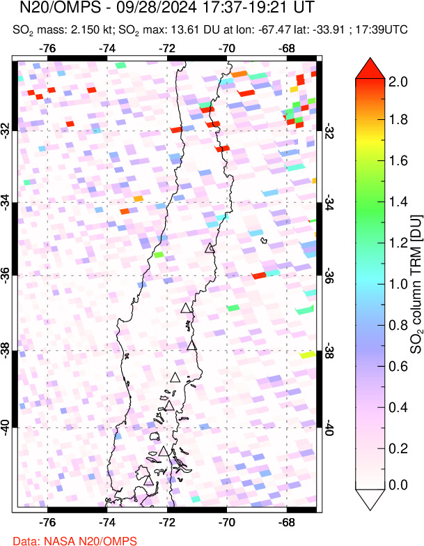 A sulfur dioxide image over Central Chile on Sep 28, 2024.