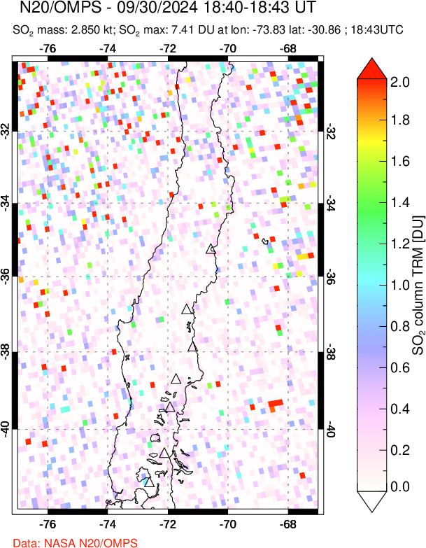 A sulfur dioxide image over Central Chile on Sep 30, 2024.