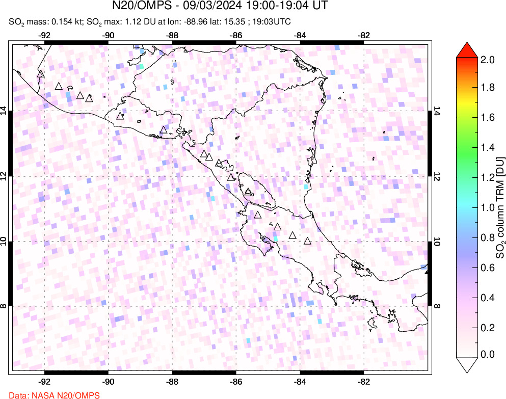 A sulfur dioxide image over Central America on Sep 03, 2024.