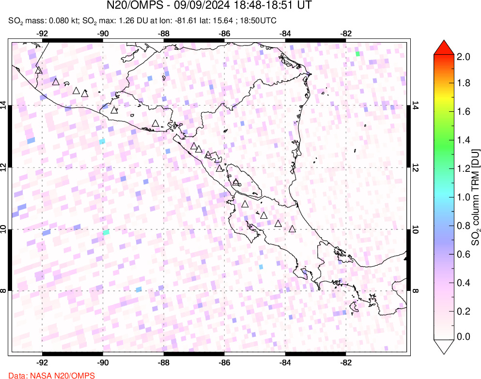 A sulfur dioxide image over Central America on Sep 09, 2024.