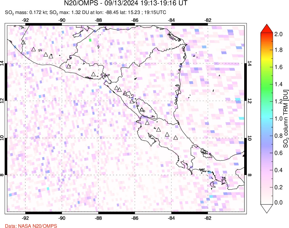 A sulfur dioxide image over Central America on Sep 13, 2024.