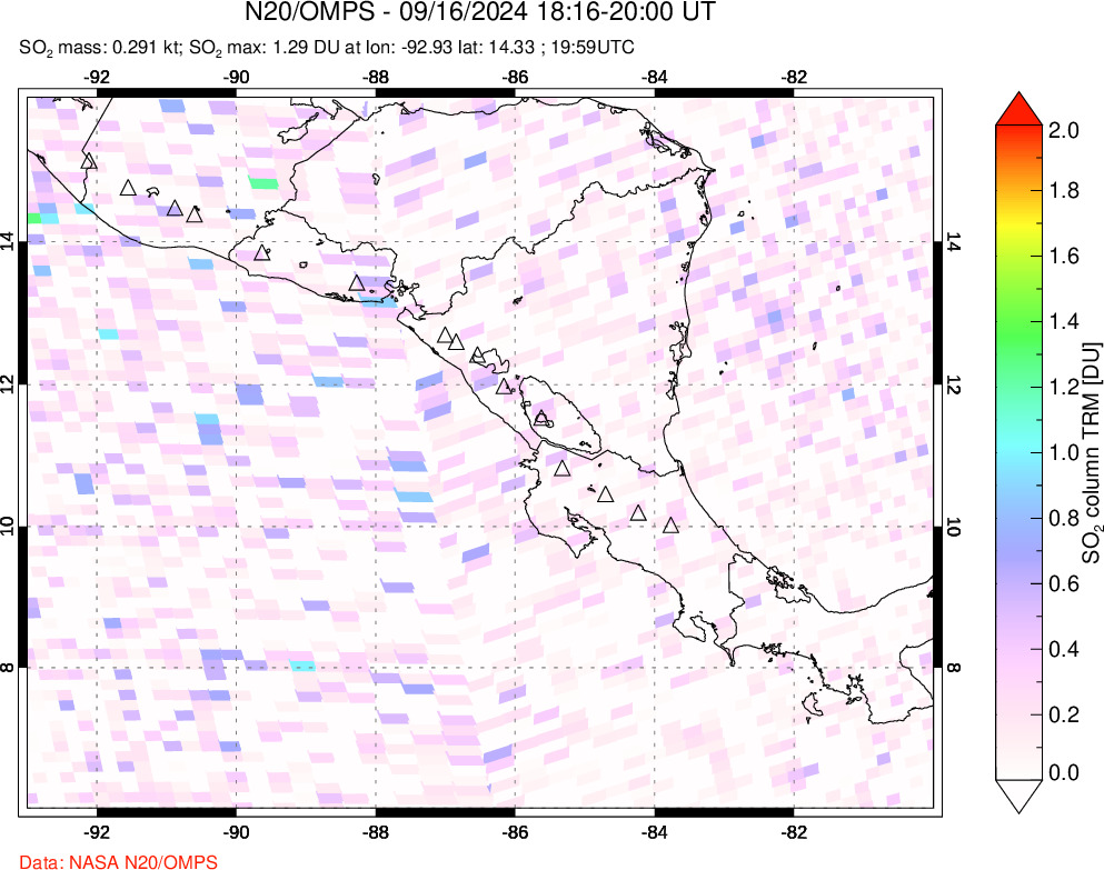 A sulfur dioxide image over Central America on Sep 16, 2024.