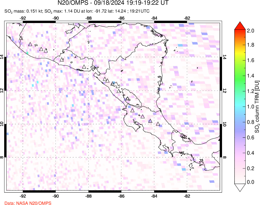 A sulfur dioxide image over Central America on Sep 18, 2024.