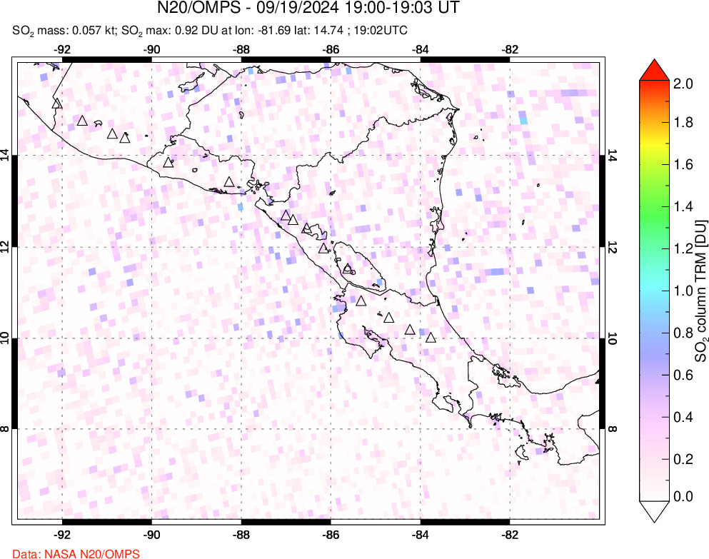 A sulfur dioxide image over Central America on Sep 19, 2024.