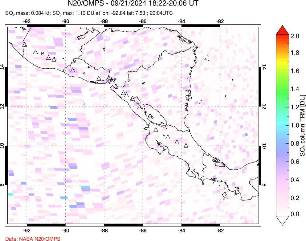 A sulfur dioxide image over Central America on Sep 21, 2024.