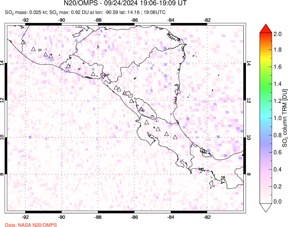 A sulfur dioxide image over Central America on Sep 24, 2024.