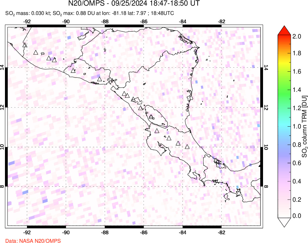 A sulfur dioxide image over Central America on Sep 25, 2024.