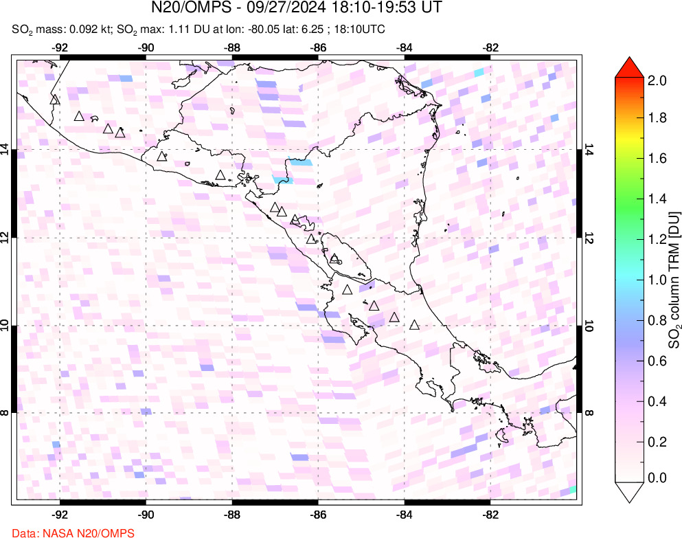 A sulfur dioxide image over Central America on Sep 27, 2024.