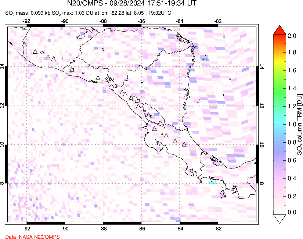 A sulfur dioxide image over Central America on Sep 28, 2024.