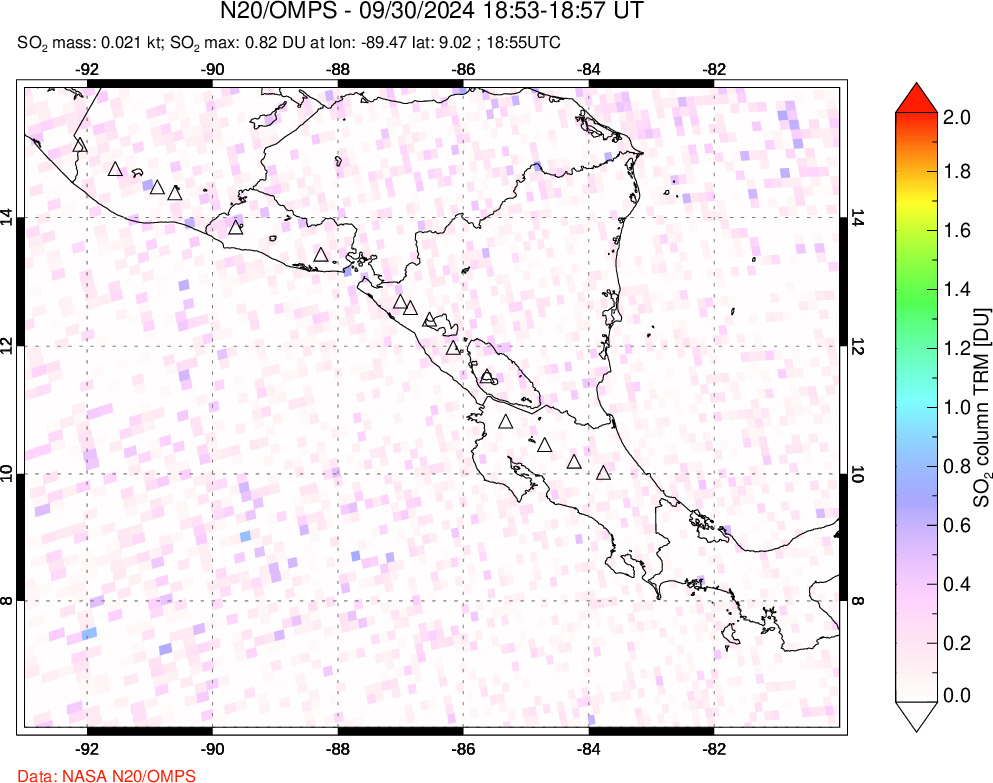 A sulfur dioxide image over Central America on Sep 30, 2024.