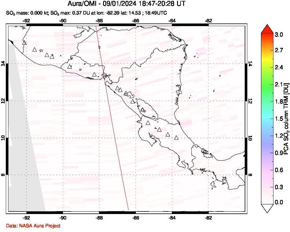 A sulfur dioxide image over Central America on Sep 01, 2024.