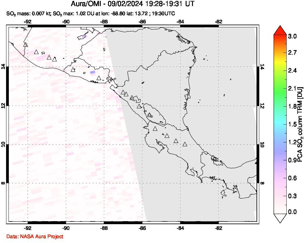 A sulfur dioxide image over Central America on Sep 02, 2024.